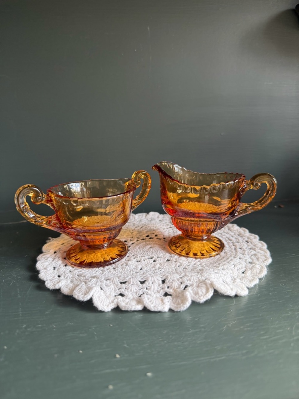 Amber Depression Glass Creamer and Sugar Set